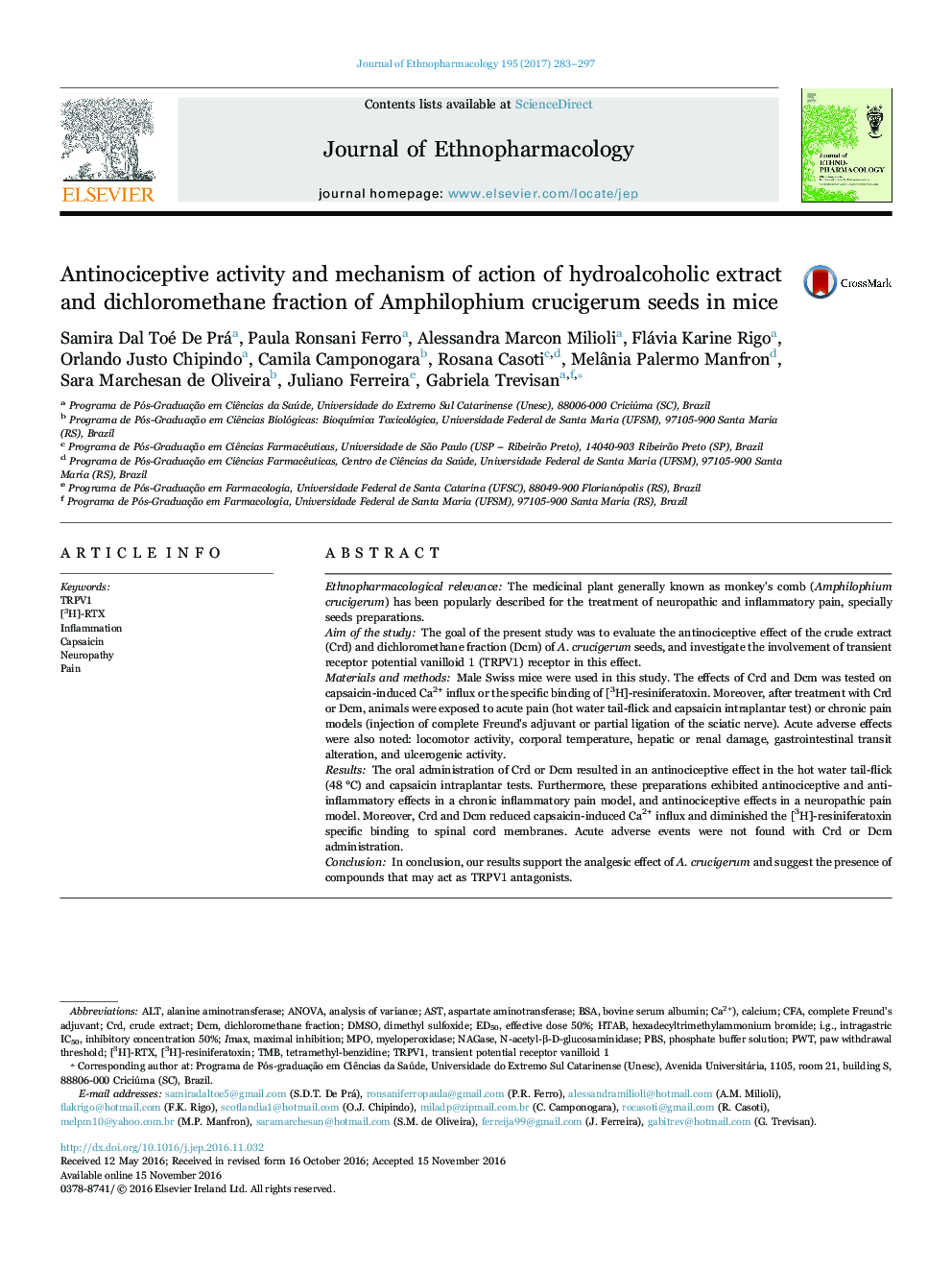 Antinociceptive activity and mechanism of action of hydroalcoholic extract and dichloromethane fraction of Amphilophium crucigerum seeds in mice