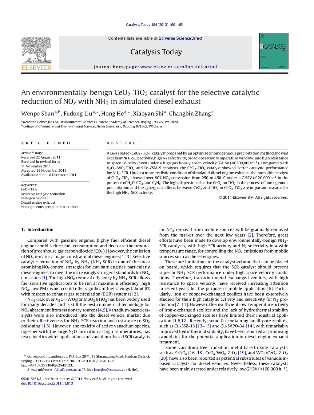 An environmentally-benign CeO2-TiO2 catalyst for the selective catalytic reduction of NOx with NH3 in simulated diesel exhaust