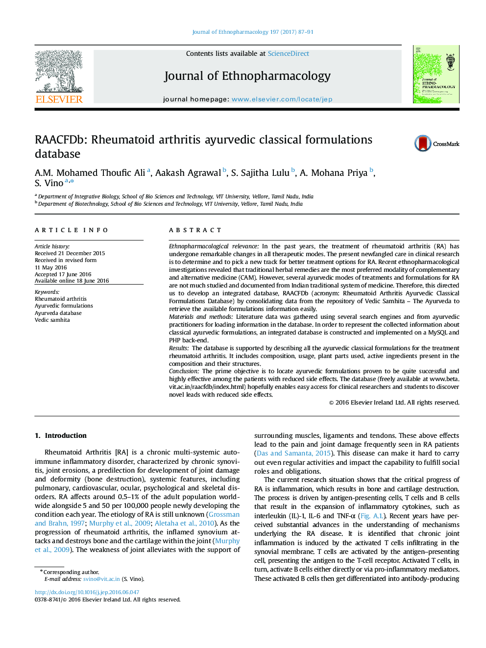 RAACFDb: Rheumatoid arthritis ayurvedic classical formulations database