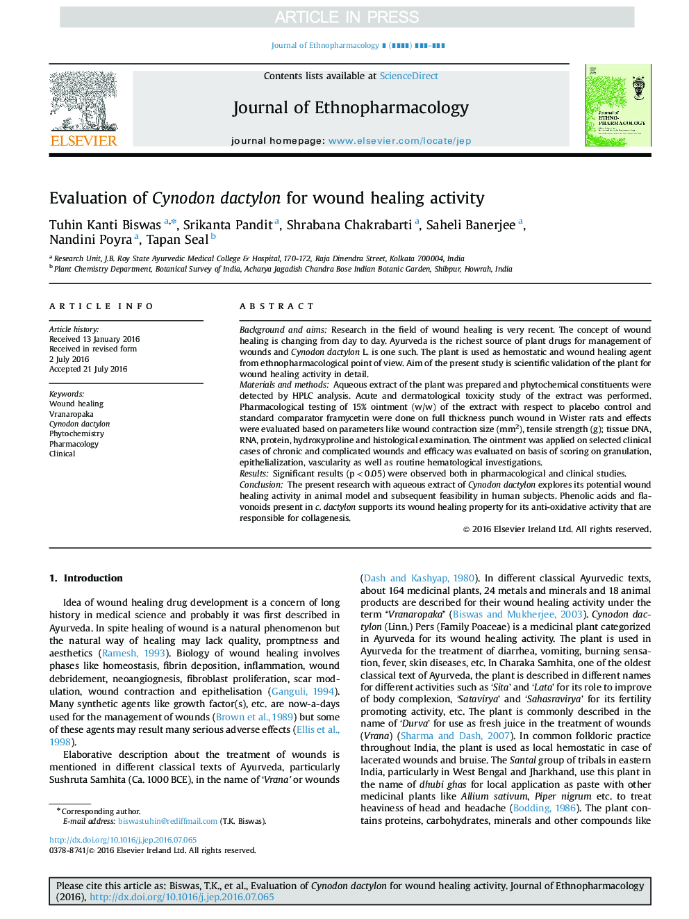 Evaluation of Cynodon dactylon for wound healing activity