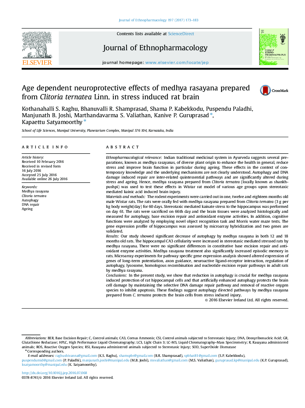 Age dependent neuroprotective effects of medhya rasayana prepared from Clitoria ternatea Linn. in stress induced rat brain