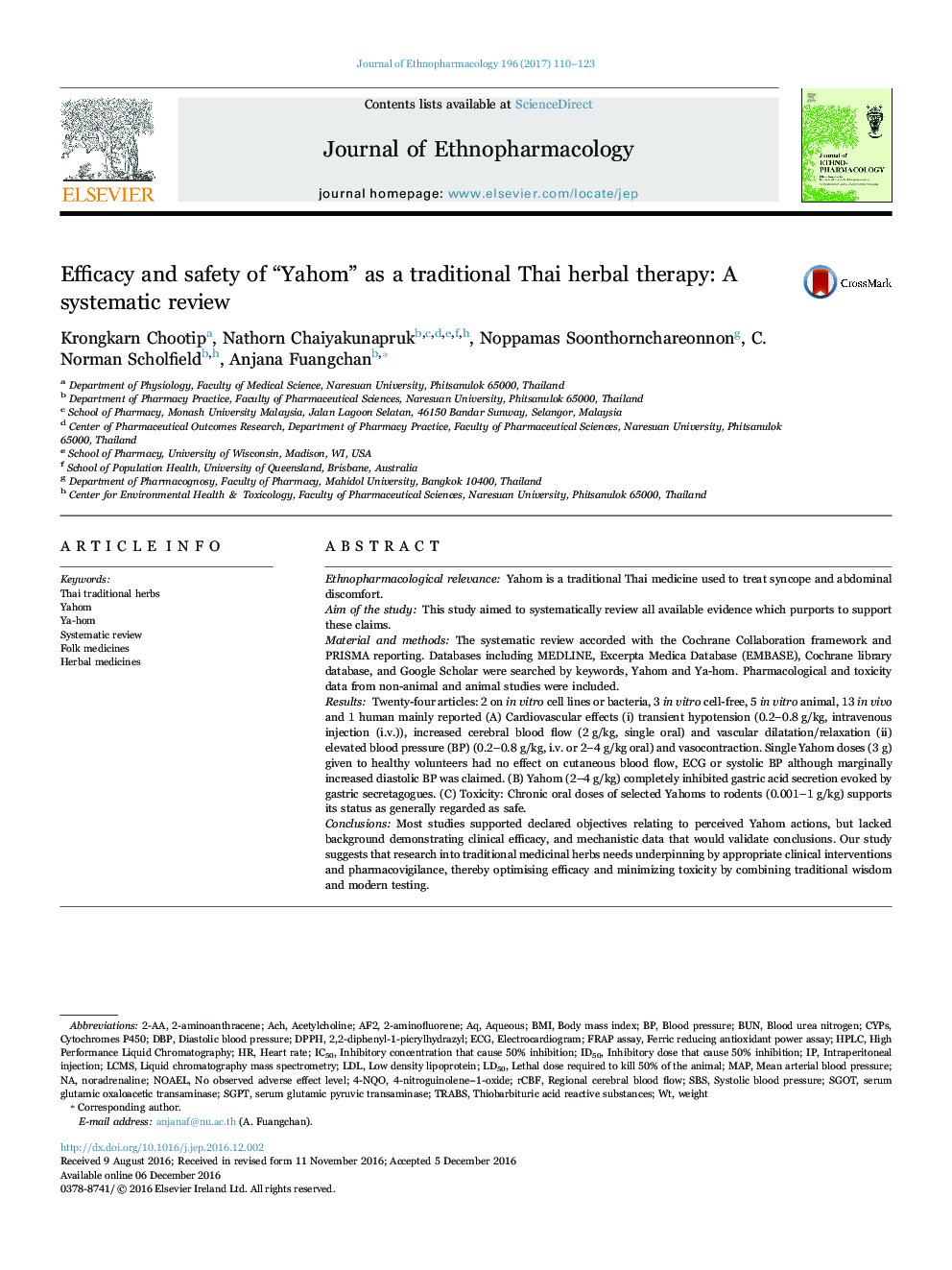 Efficacy and safety of “Yahom” as a traditional Thai herbal therapy: A systematic review