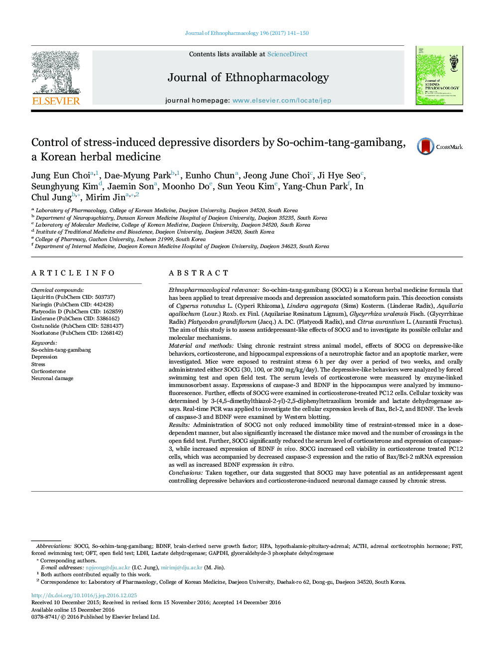 Control of stress-induced depressive disorders by So-ochim-tang-gamibang, a Korean herbal medicine