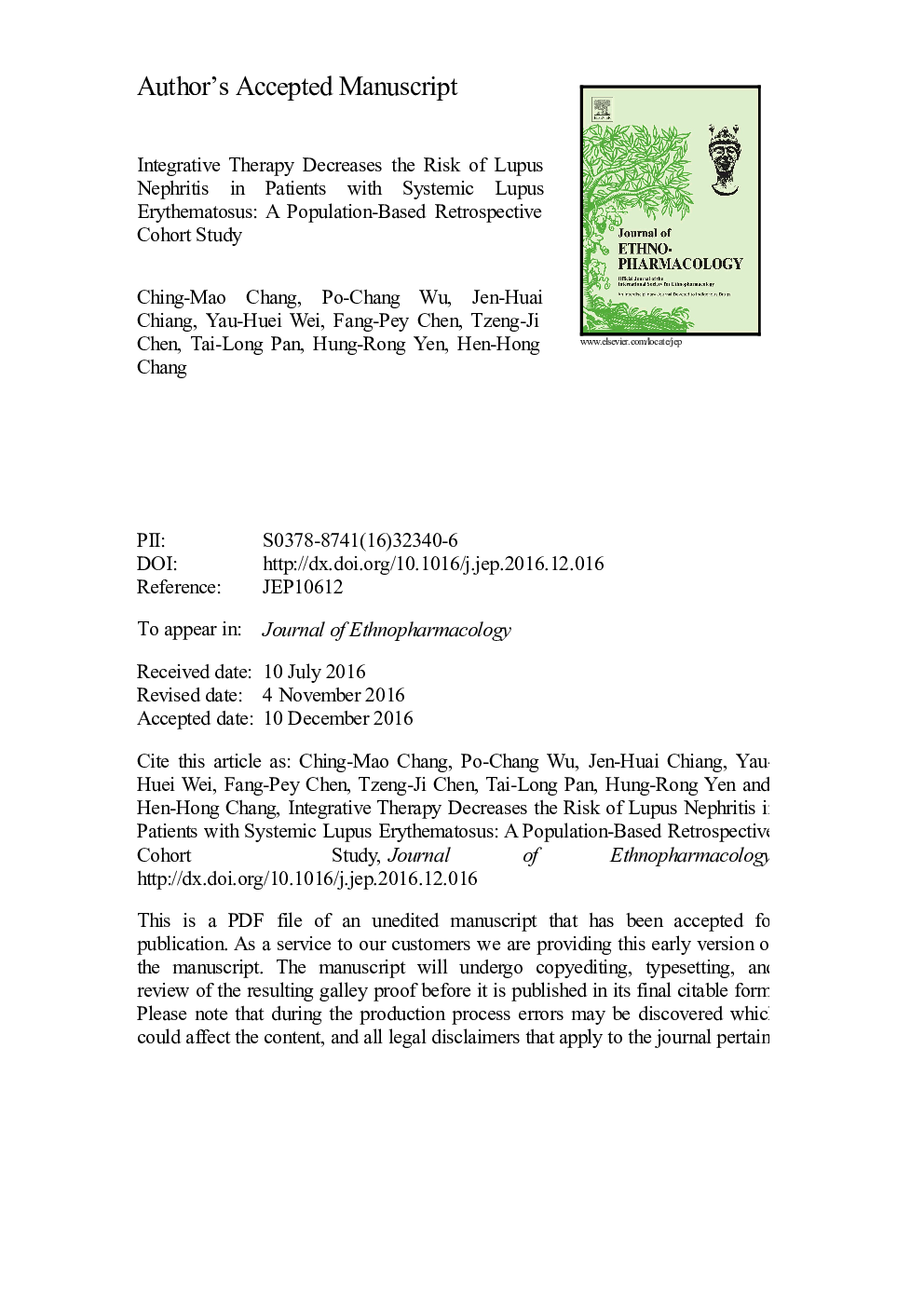 Integrative therapy decreases the risk of lupus nephritis in patients with systemic lupus erythematosus: A population-based retrospective cohort study