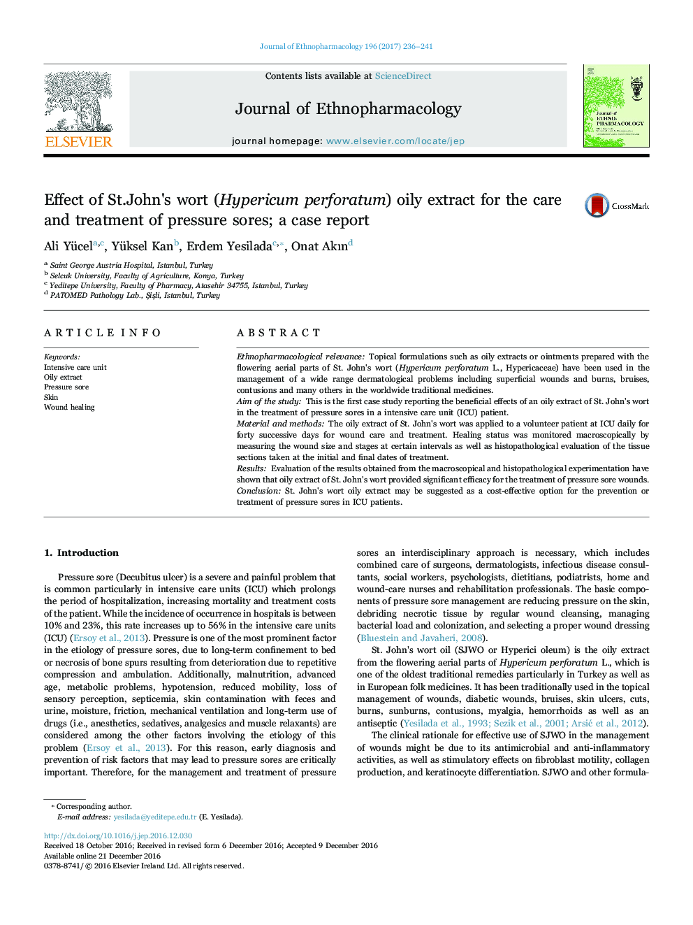 Effect of St.John's wort (Hypericum perforatum) oily extract for the care and treatment of pressure sores; a case report