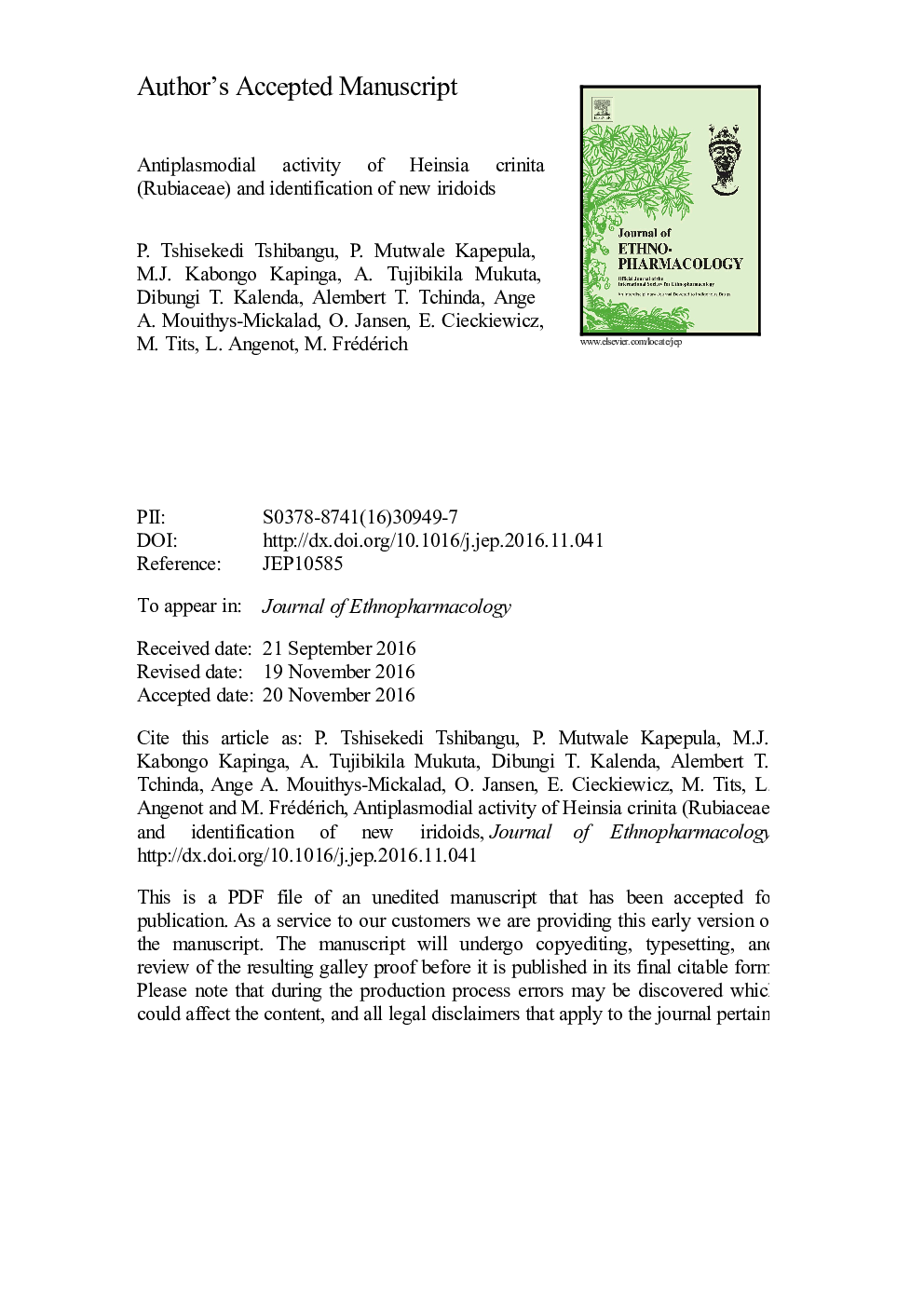 Antiplasmodial activity of Heinsia crinita (Rubiaceae) and identification of new iridoids