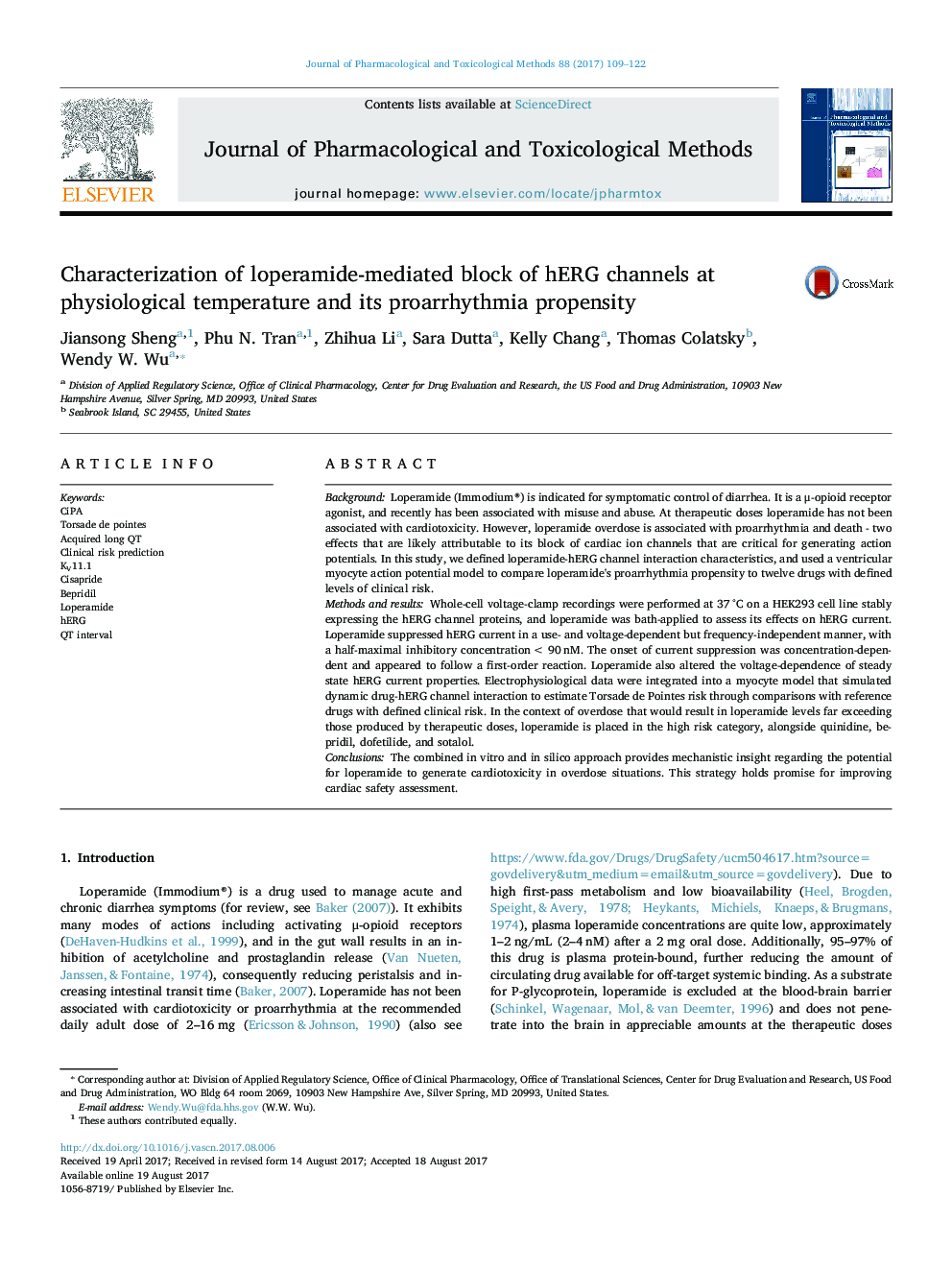 Characterization of loperamide-mediated block of hERG channels at physiological temperature and its proarrhythmia propensity