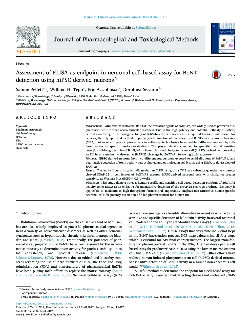 Assessment of ELISA as endpoint in neuronal cell-based assay for BoNT detection using hiPSC derived neurons