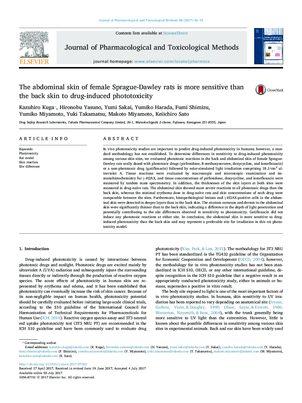 The abdominal skin of female Sprague-Dawley rats is more sensitive than the back skin to drug-induced phototoxicity