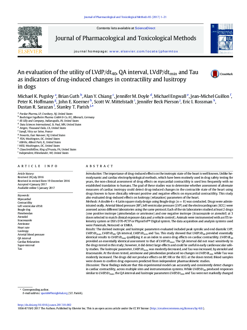 An evaluation of the utility of LVdP/dt40, QA interval, LVdP/dtmin and Tau as indicators of drug-induced changes in contractility and lusitropy in dogs