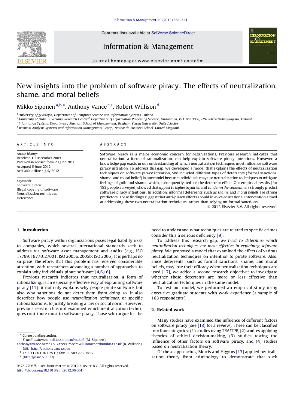 New insights into the problem of software piracy: The effects of neutralization, shame, and moral beliefs