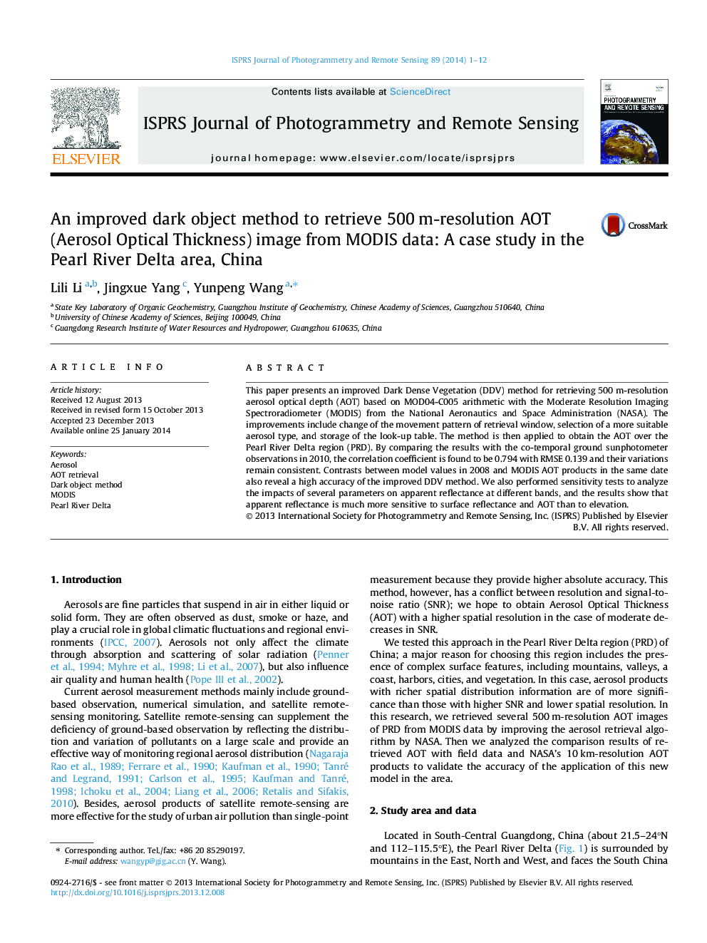 An improved dark object method to retrieve 500 m-resolution AOT (Aerosol Optical Thickness) image from MODIS data: A case study in the Pearl River Delta area, China