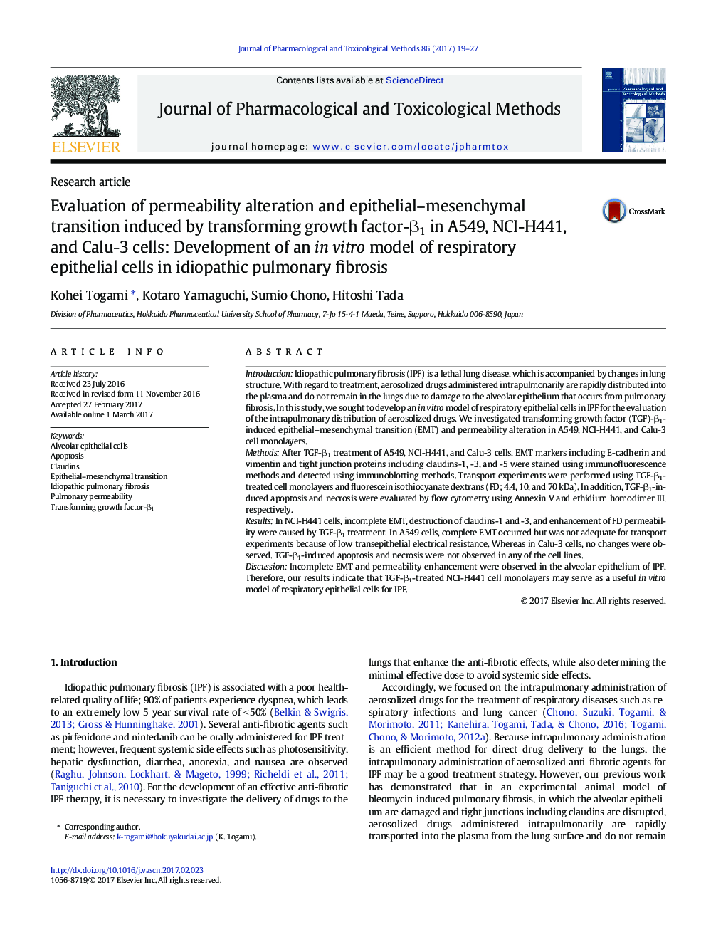 Evaluation of permeability alteration and epithelial-mesenchymal transition induced by transforming growth factor-Î²1 in A549, NCI-H441, and Calu-3 cells: Development of an in vitro model of respiratory epithelial cells in idiopathic pulmonary fibrosis