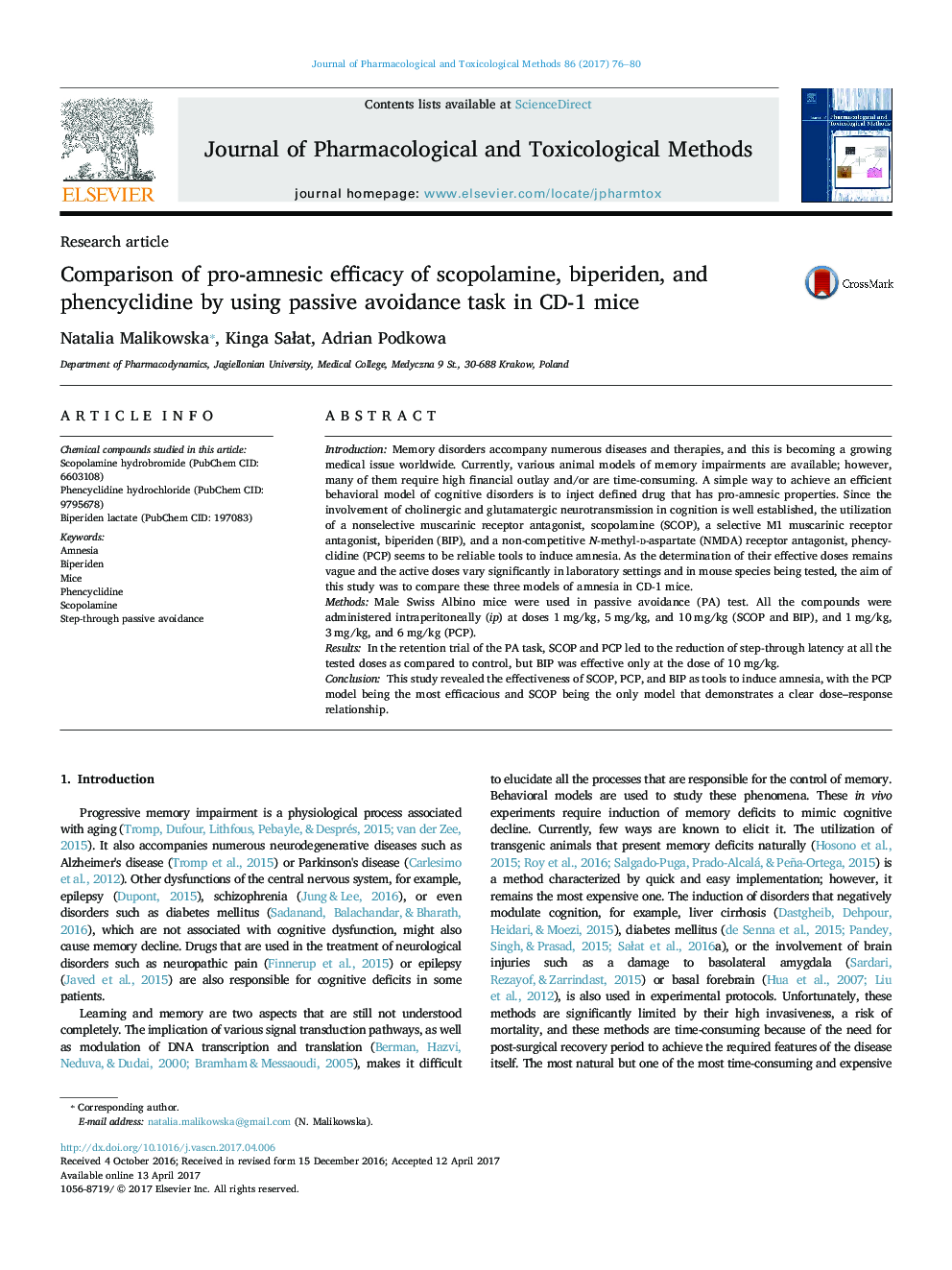 Comparison of pro-amnesic efficacy of scopolamine, biperiden, and phencyclidine by using passive avoidance task in CD-1 mice