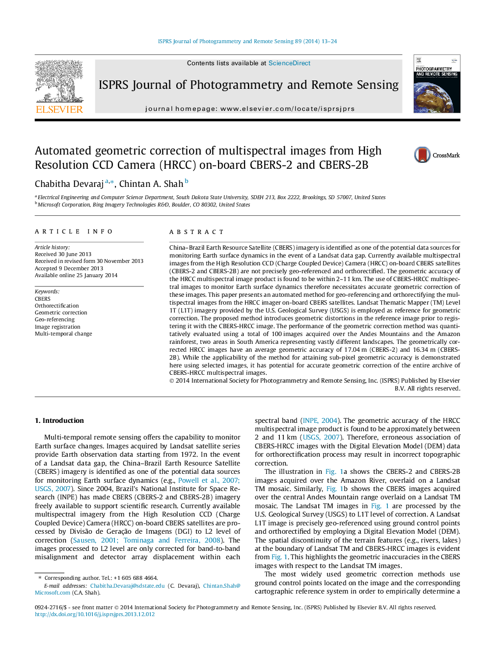 Automated geometric correction of multispectral images from High Resolution CCD Camera (HRCC) on-board CBERS-2 and CBERS-2B