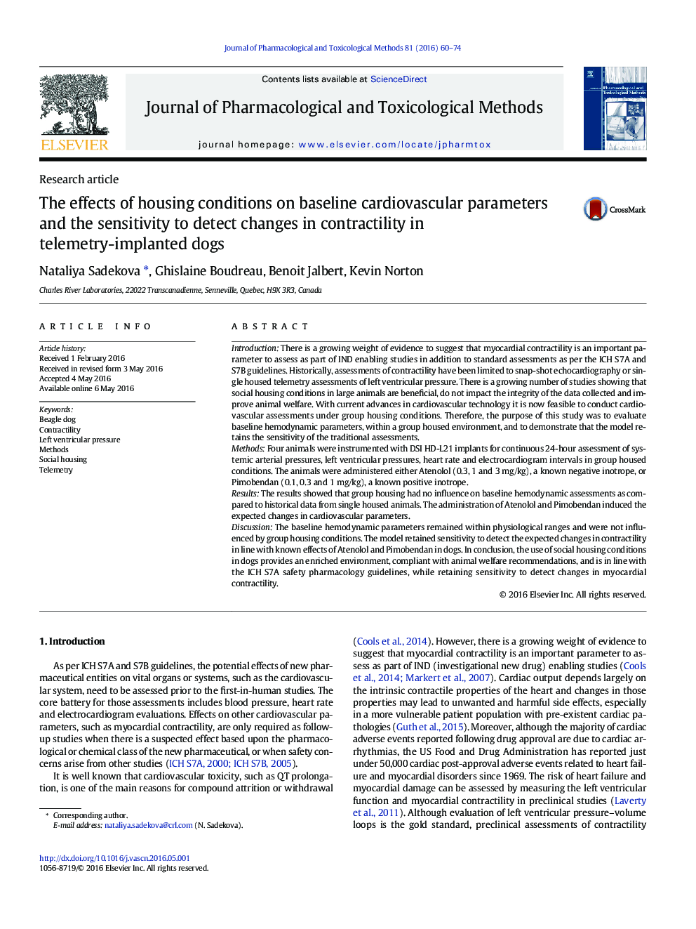 The effects of housing conditions on baseline cardiovascular parameters and the sensitivity to detect changes in contractility in telemetry-implanted dogs