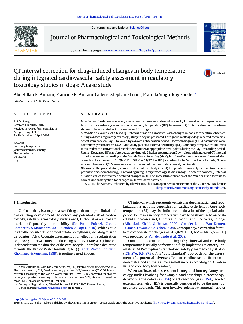 QT interval correction for drug-induced changes in body temperature during integrated cardiovascular safety assessment in regulatory toxicology studies in dogs: A case study