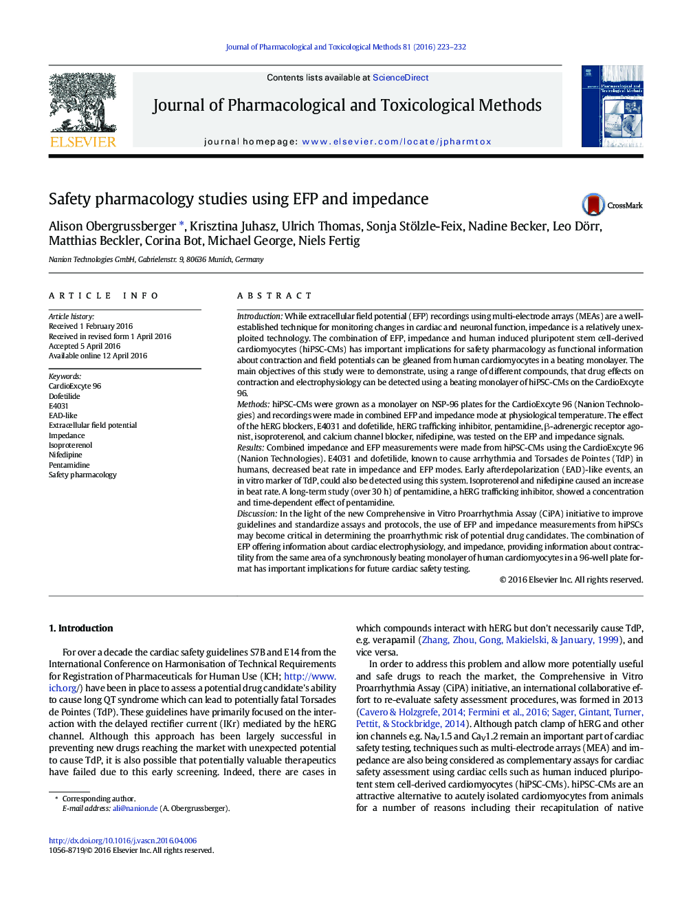 Safety pharmacology studies using EFP and impedance