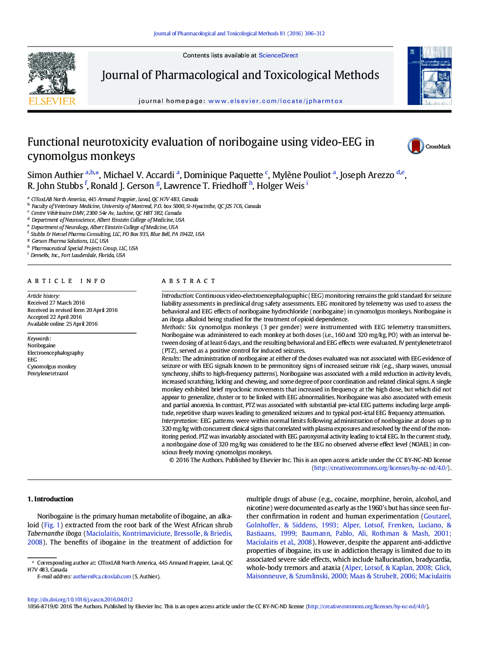 Functional neurotoxicity evaluation of noribogaine using video-EEG in cynomolgus monkeys