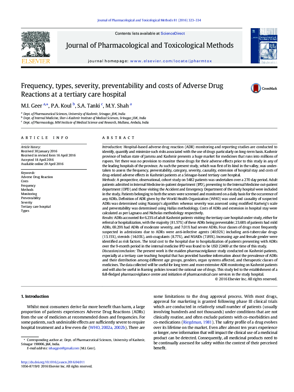 Frequency, types, severity, preventability and costs of Adverse Drug Reactions at a tertiary care hospital