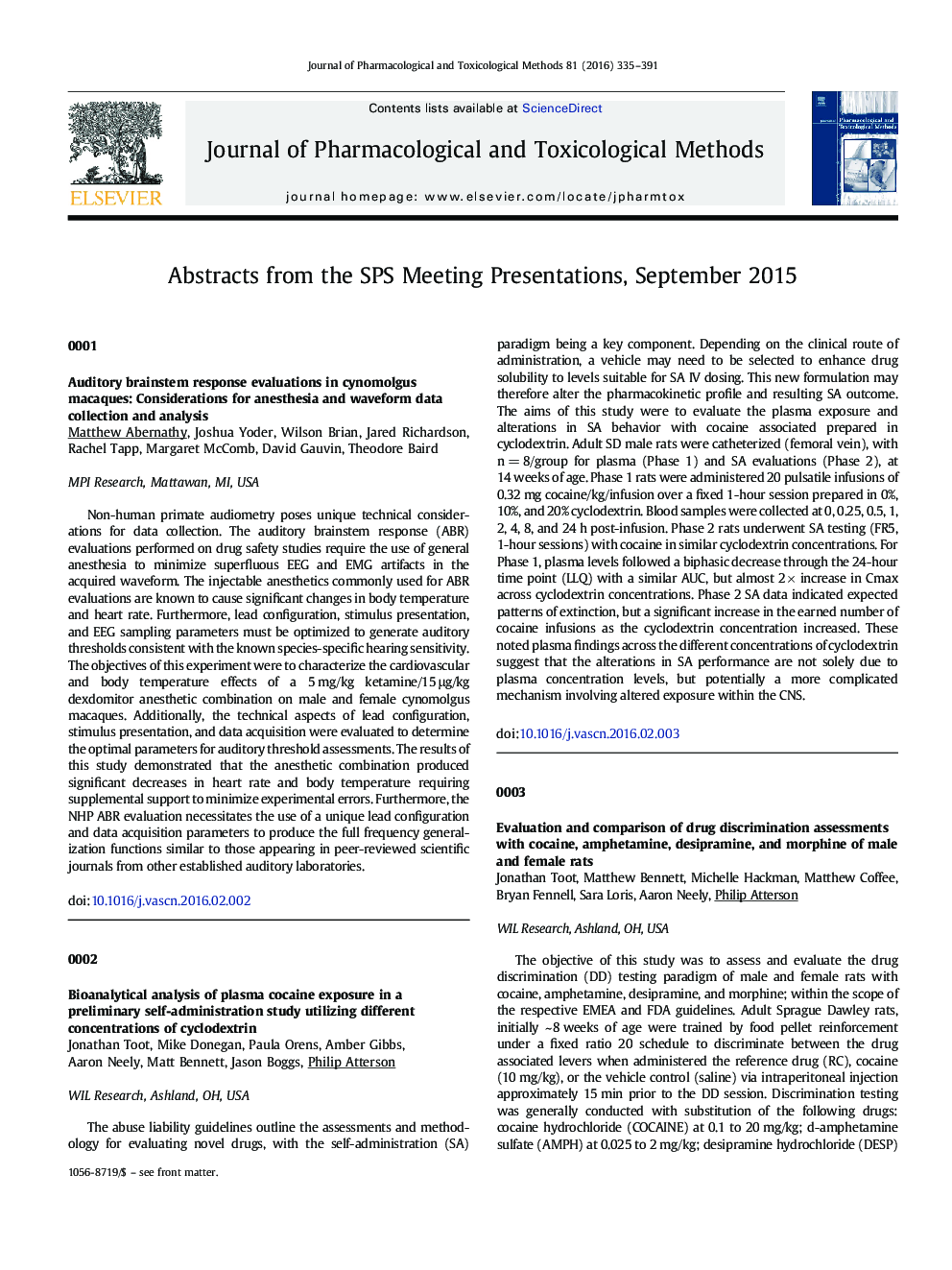 Abstracts from the SPS Meeting Presentations, September 2015