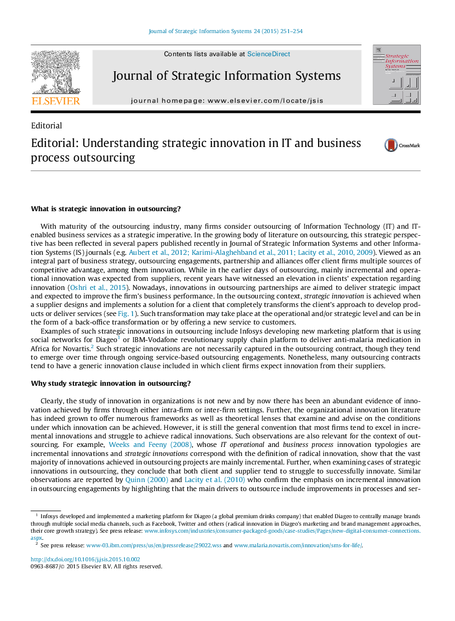 Editorial: Understanding strategic innovation in IT and business process outsourcing