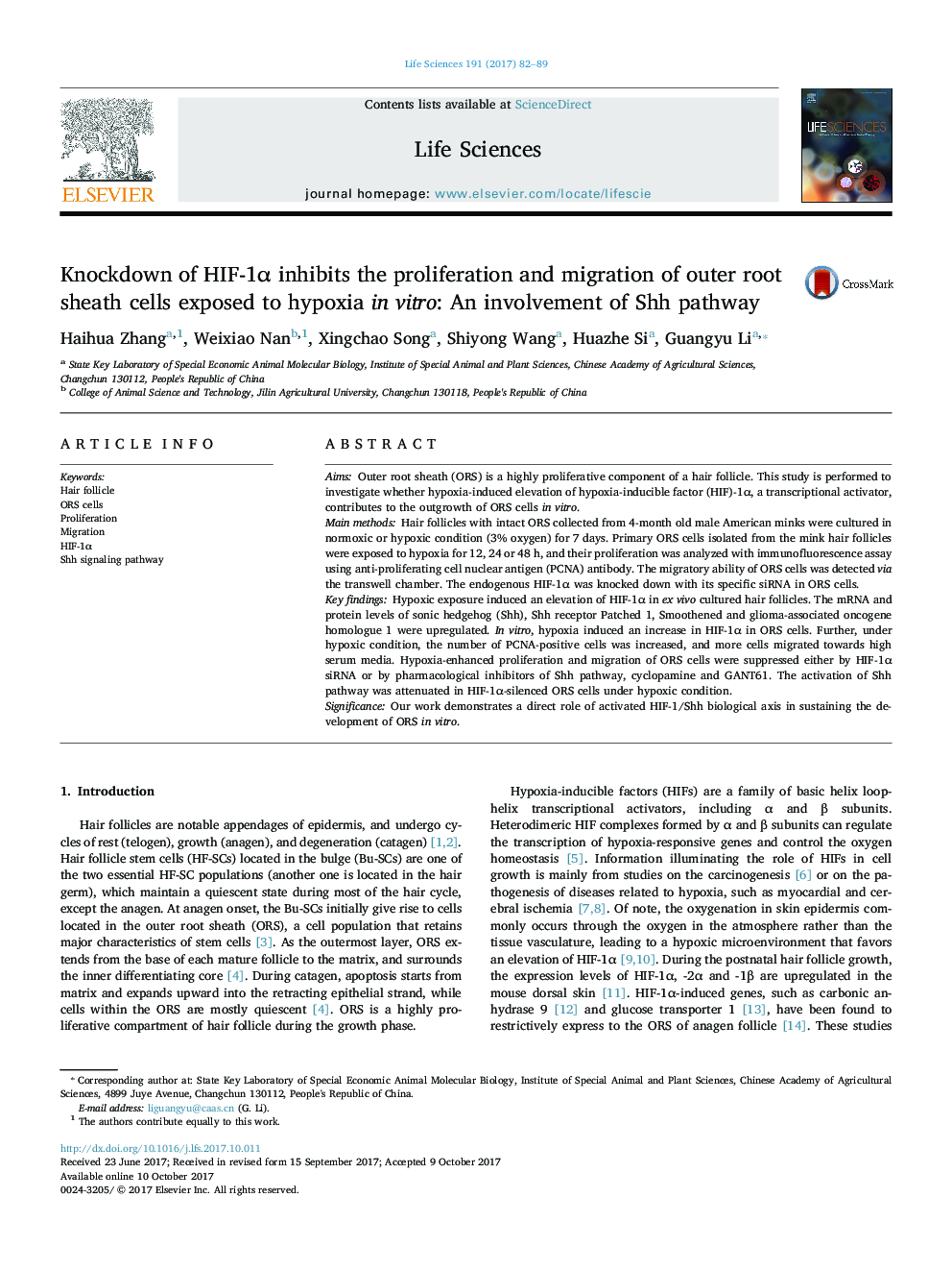 Knockdown of HIF-1Î± inhibits the proliferation and migration of outer root sheath cells exposed to hypoxia in vitro: An involvement of Shh pathway