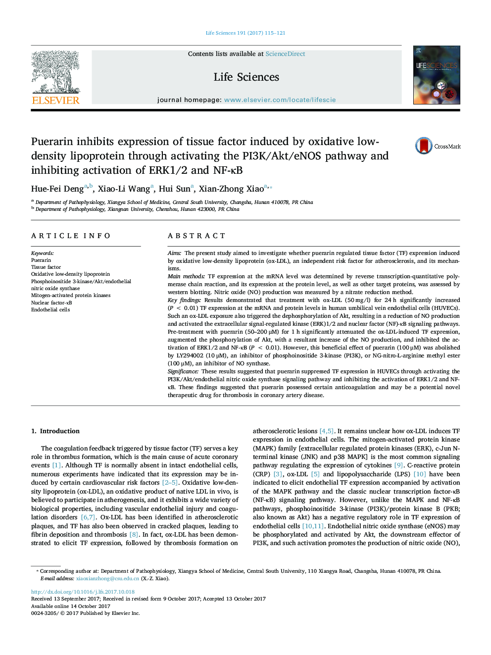 Puerarin inhibits expression of tissue factor induced by oxidative low-density lipoprotein through activating the PI3K/Akt/eNOS pathway and inhibiting activation of ERK1/2 and NF-ÎºB