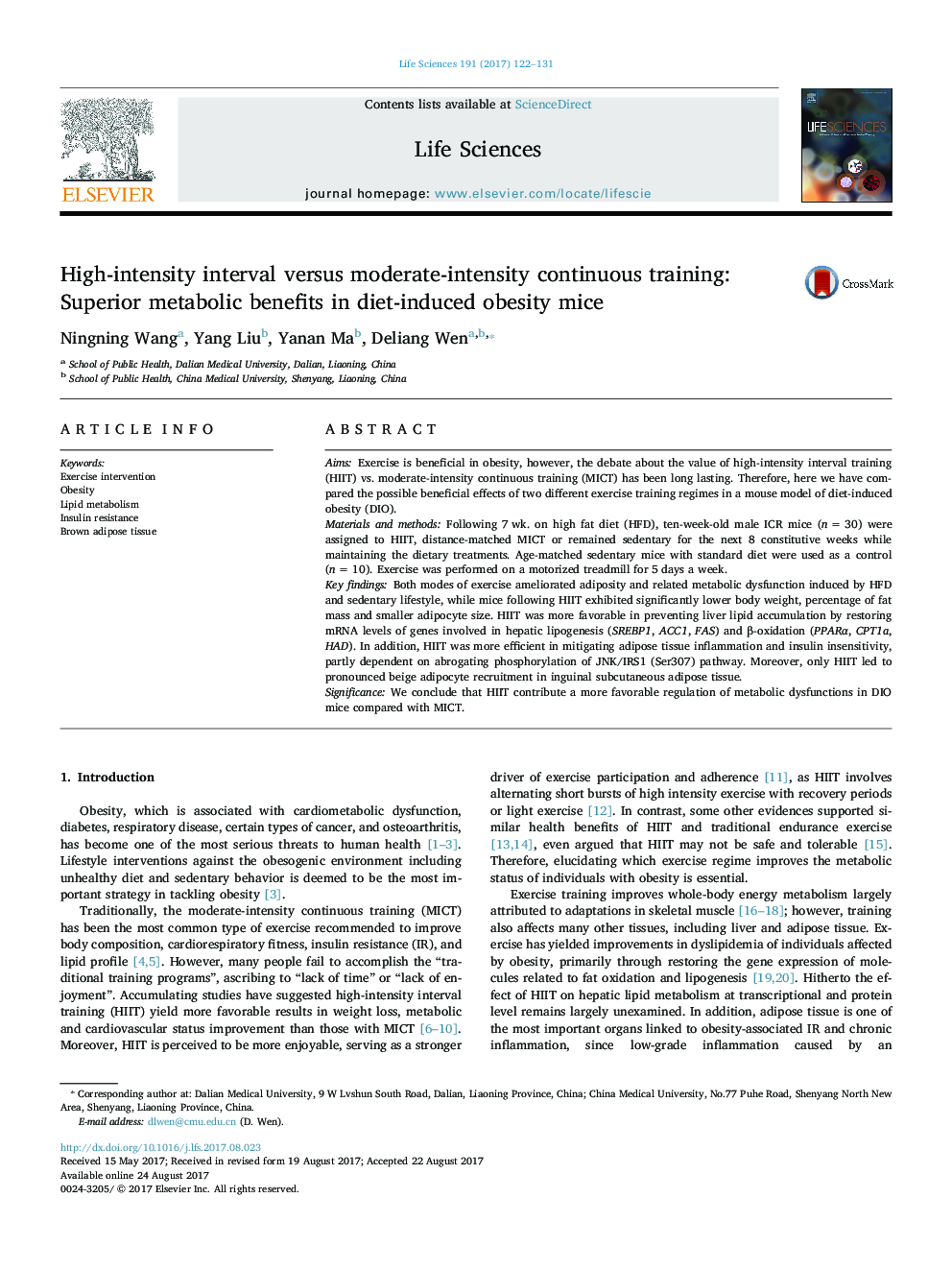 High-intensity interval versus moderate-intensity continuous training: Superior metabolic benefits in diet-induced obesity mice