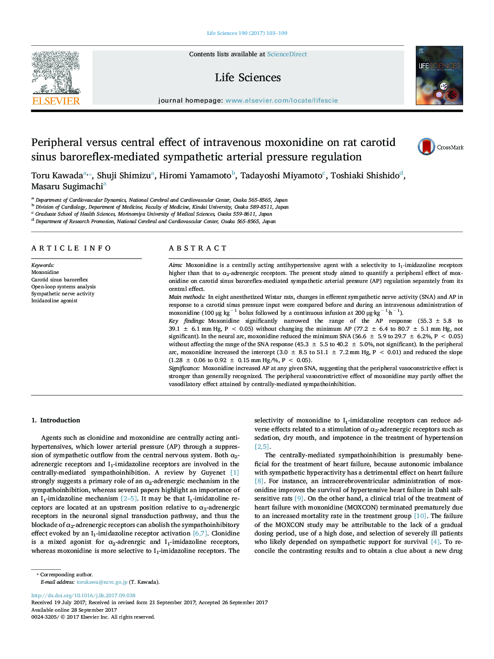 Peripheral versus central effect of intravenous moxonidine on rat carotid sinus baroreflex-mediated sympathetic arterial pressure regulation