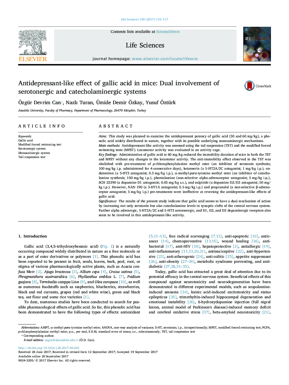 اثر ضد قارچی اسید گالیک در موش: ورود دوگانه سیستم های سروتونرژیک و کاتچولامینرژیک 