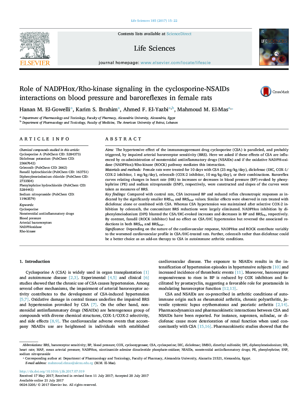 Role of NADPHox/Rho-kinase signaling in the cyclosporine-NSAIDs interactions on blood pressure and baroreflexes in female rats