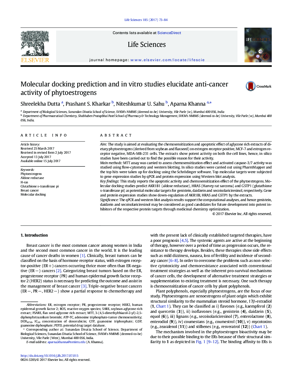 Molecular docking prediction and in vitro studies elucidate anti-cancer activity of phytoestrogens