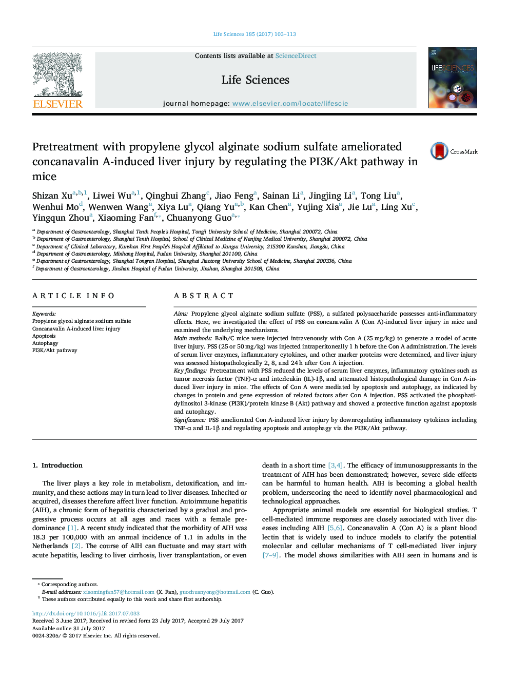 Pretreatment with propylene glycol alginate sodium sulfate ameliorated concanavalin A-induced liver injury by regulating the PI3K/Akt pathway in mice