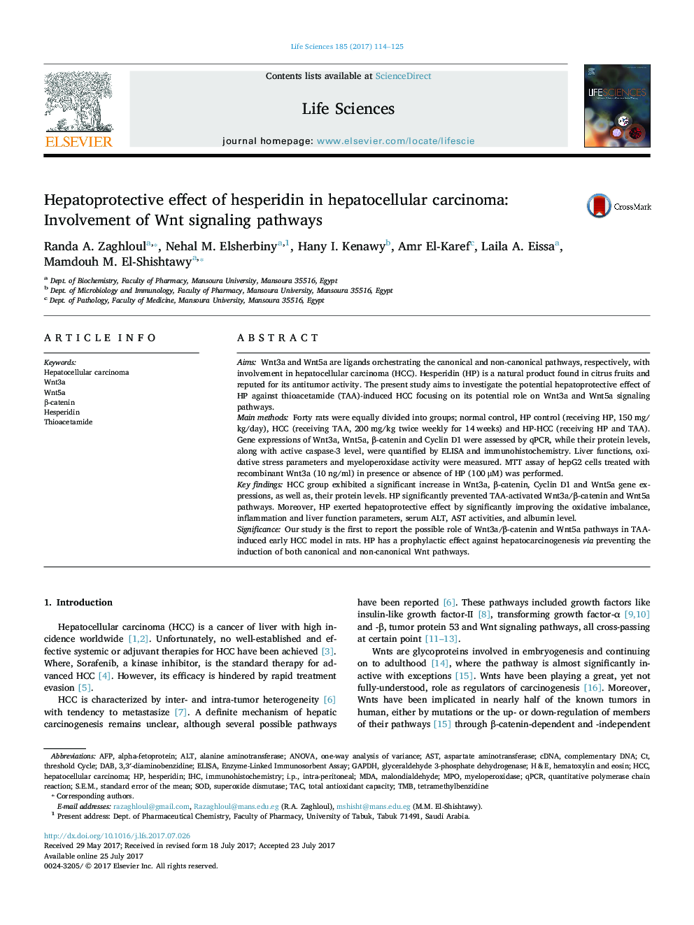 Hepatoprotective effect of hesperidin in hepatocellular carcinoma: Involvement of Wnt signaling pathways