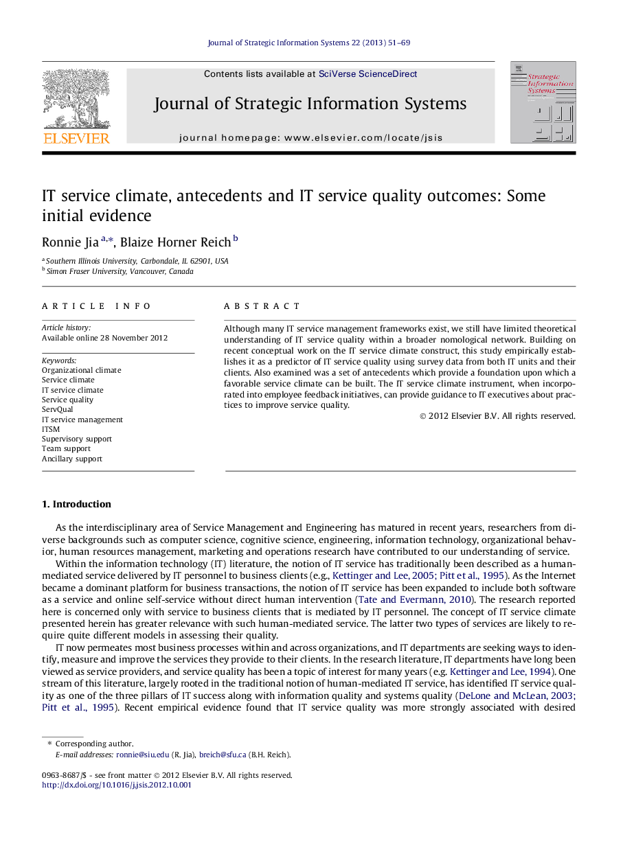 IT service climate, antecedents and IT service quality outcomes: Some initial evidence