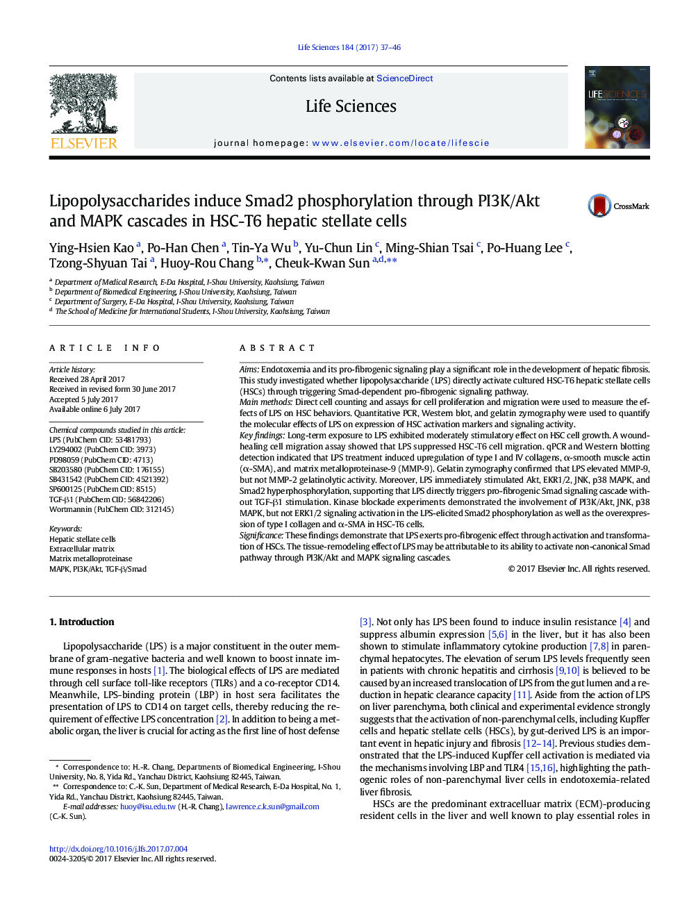 Lipopolysaccharides induce Smad2 phosphorylation through PI3K/Akt and MAPK cascades in HSC-T6 hepatic stellate cells