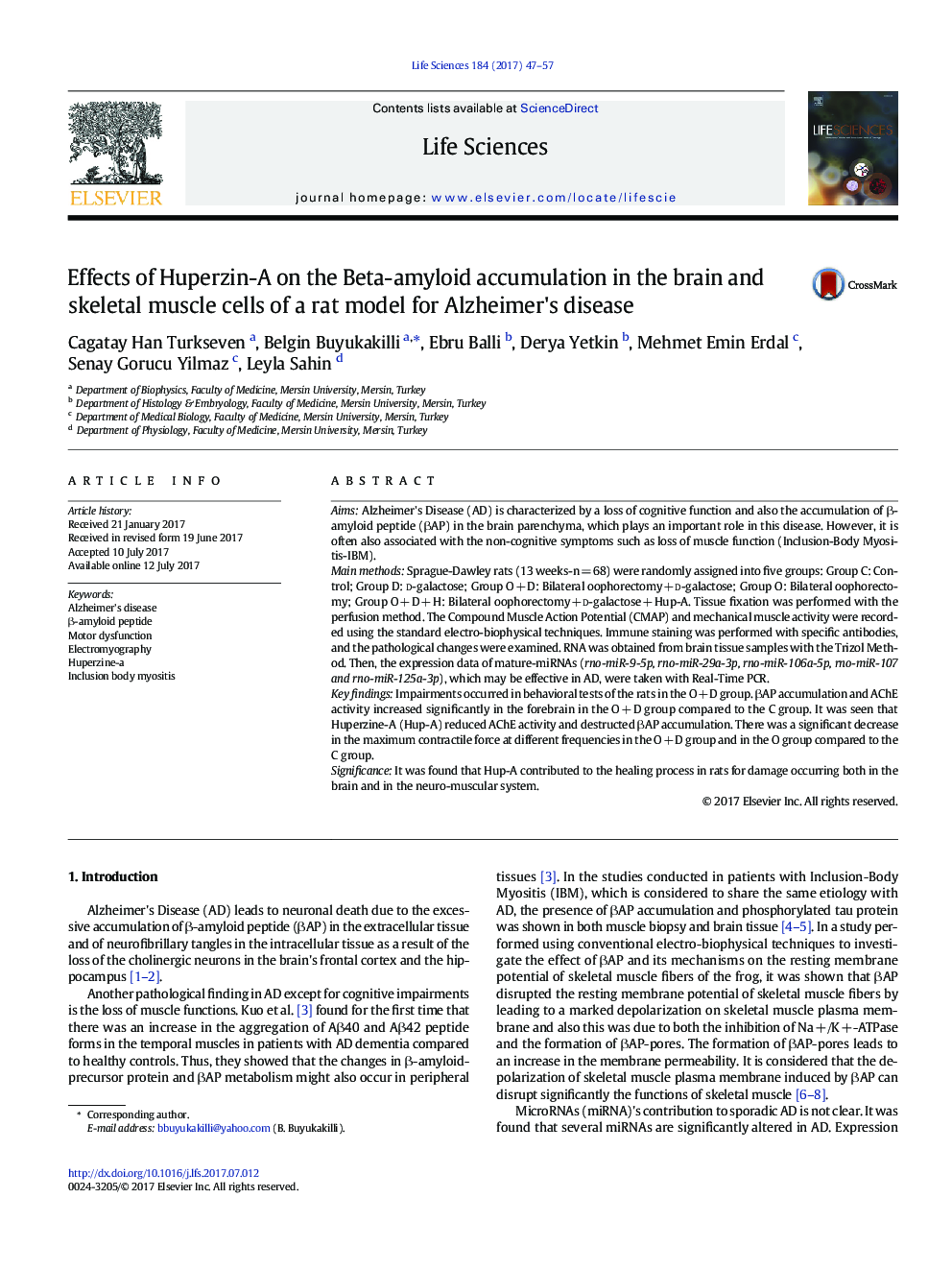 Effects of Huperzin-A on the Beta-amyloid accumulation in the brain and skeletal muscle cells of a rat model for Alzheimer's disease