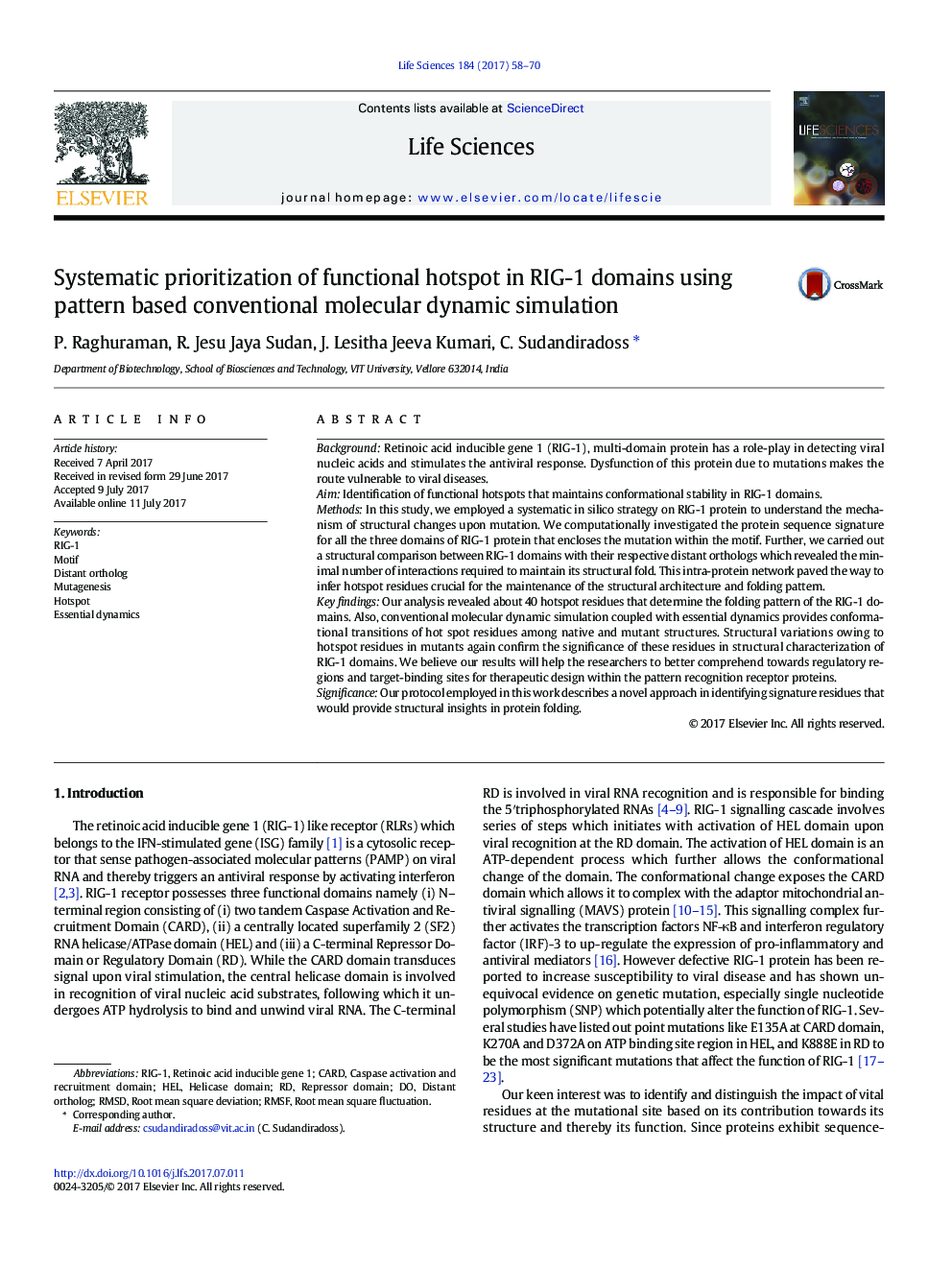 Systematic prioritization of functional hotspot in RIG-1 domains using pattern based conventional molecular dynamic simulation