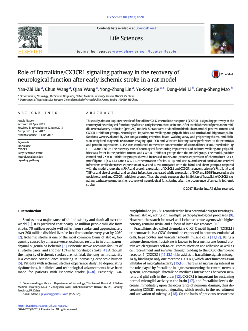 Role of fractalkine/CX3CR1 signaling pathway in the recovery of neurological function after early ischemic stroke in a rat model