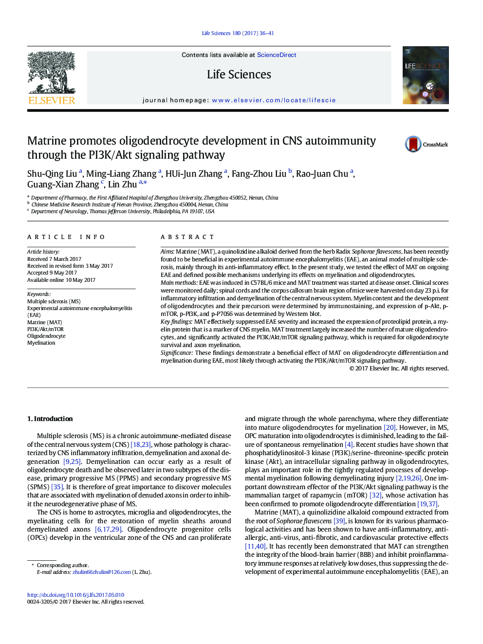 Matrine promotes oligodendrocyte development in CNS autoimmunity through the PI3K/Akt signaling pathway