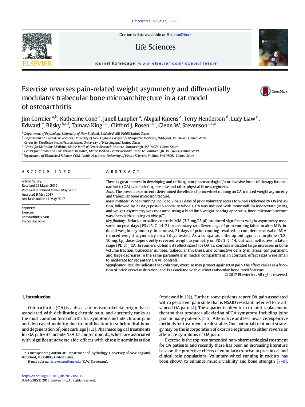 Exercise reverses pain-related weight asymmetry and differentially modulates trabecular bone microarchitecture in a rat model of osteoarthritis