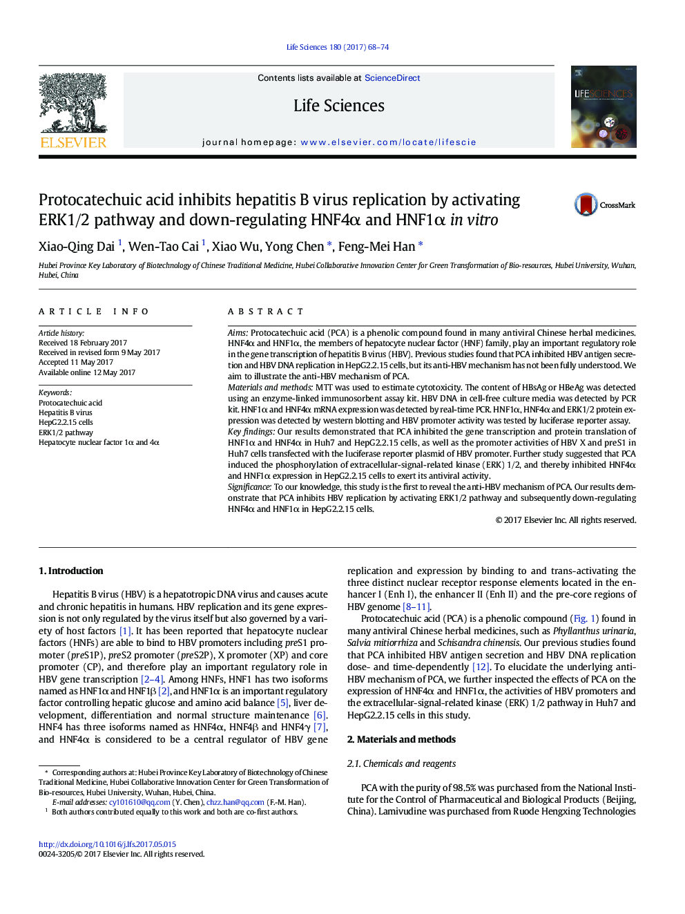 Protocatechuic acid inhibits hepatitis B virus replication by activating ERK1/2 pathway and down-regulating HNF4Î± and HNF1Î± in vitro