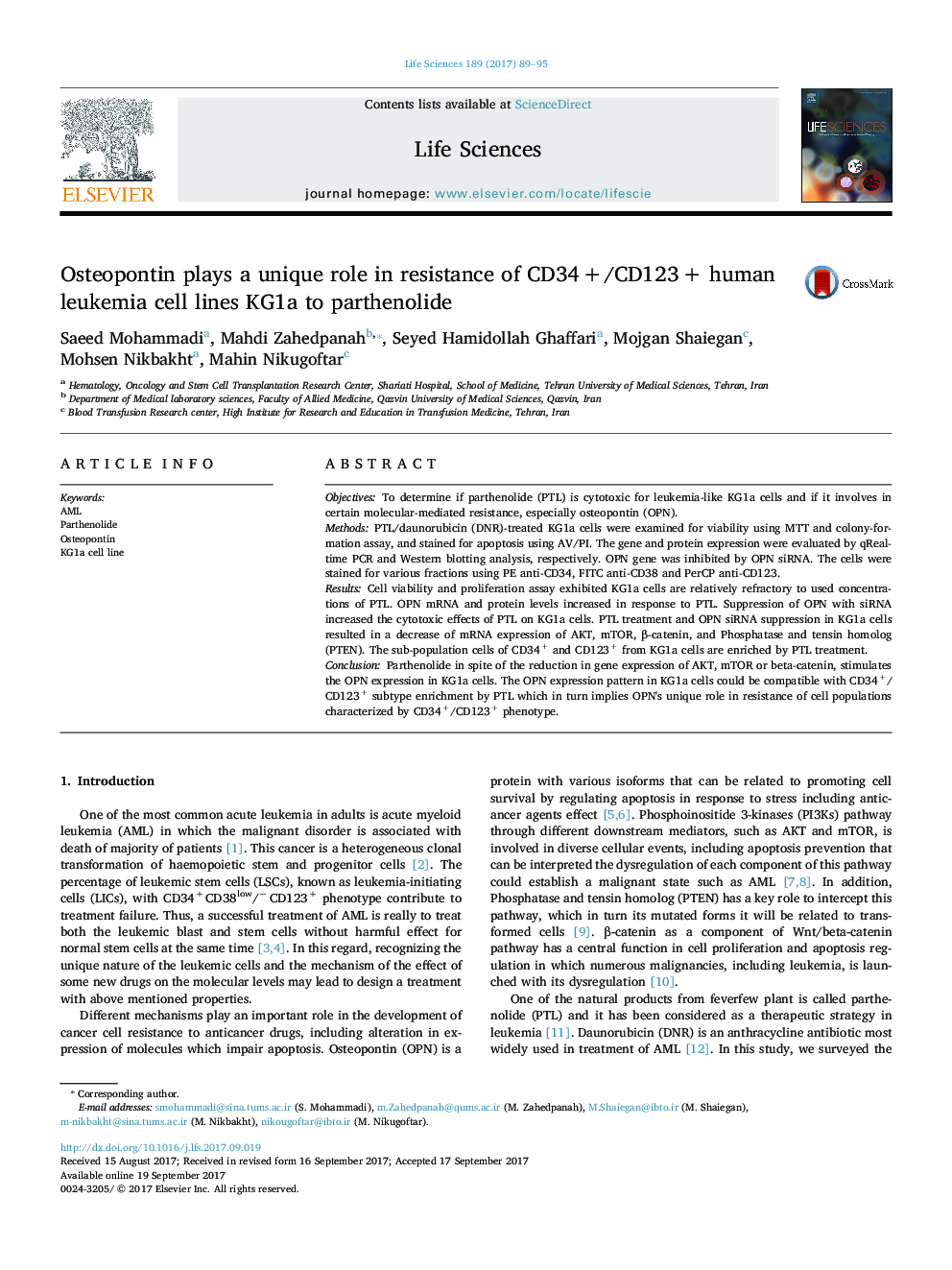 Osteopontin plays a unique role in resistance of CD34 +/CD123 + human leukemia cell lines KG1a to parthenolide