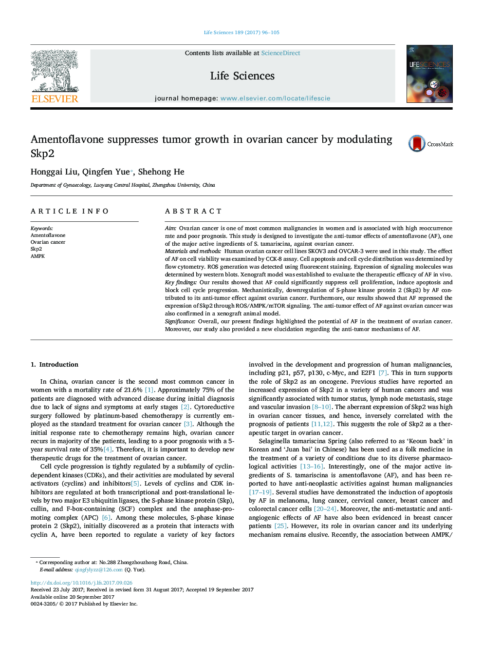 Amentoflavone suppresses tumor growth in ovarian cancer by modulating Skp2