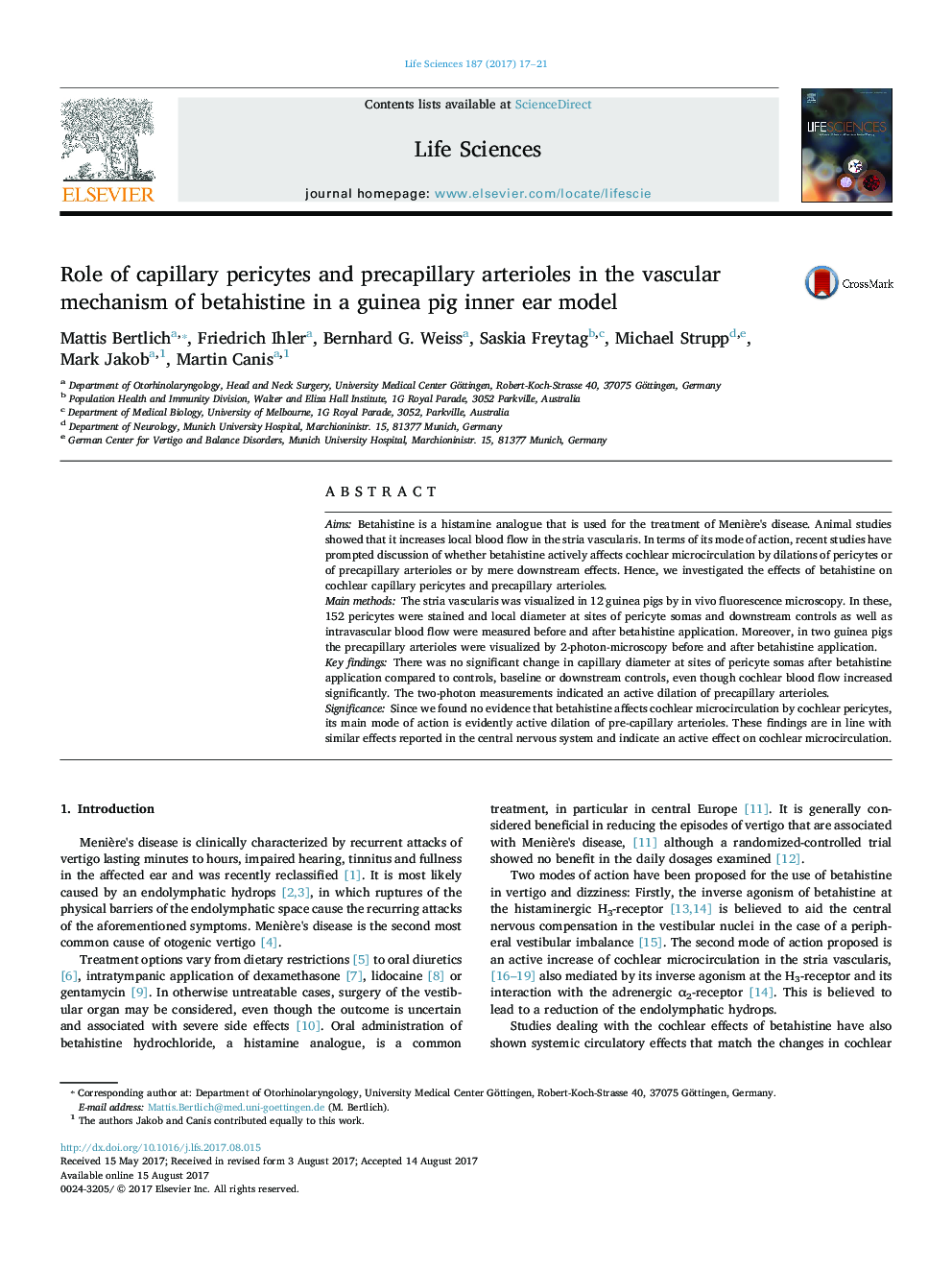 Role of capillary pericytes and precapillary arterioles in the vascular mechanism of betahistine in a guinea pig inner ear model