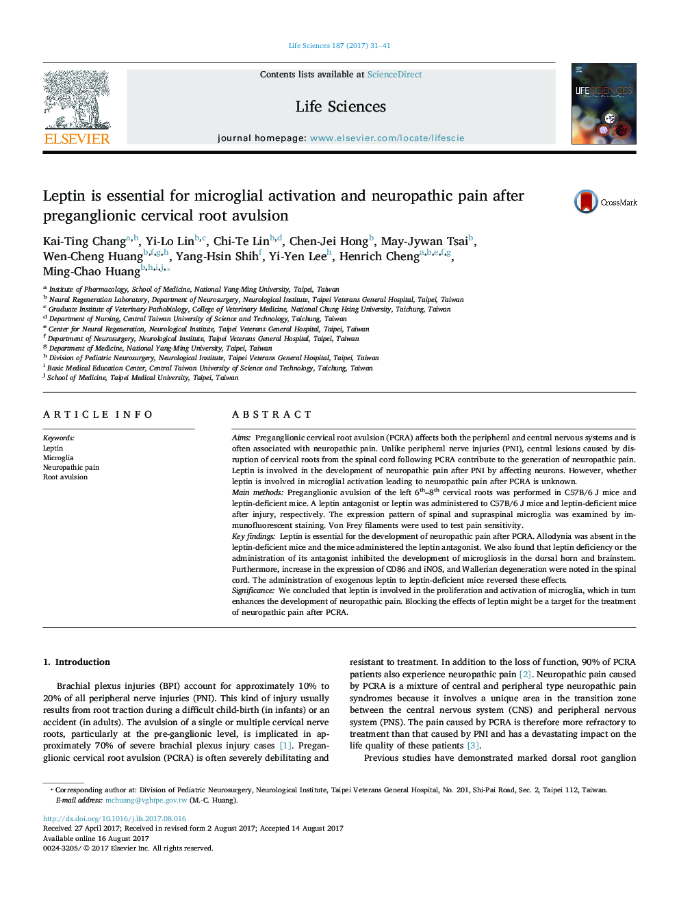 Leptin is essential for microglial activation and neuropathic pain after preganglionic cervical root avulsion