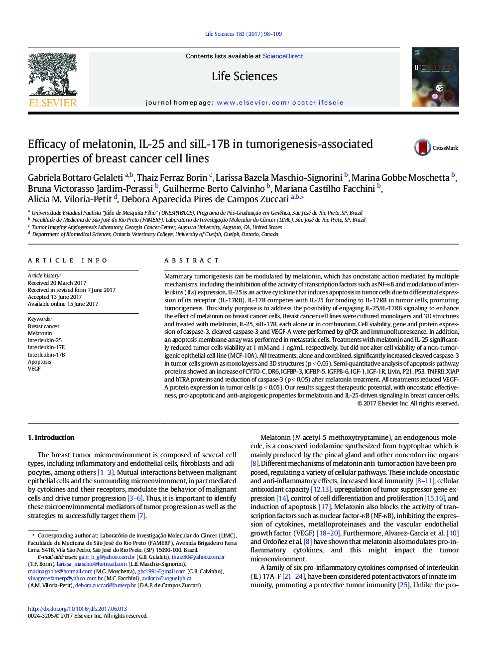 Efficacy of melatonin, IL-25 and siIL-17B in tumorigenesis-associated properties of breast cancer cell lines