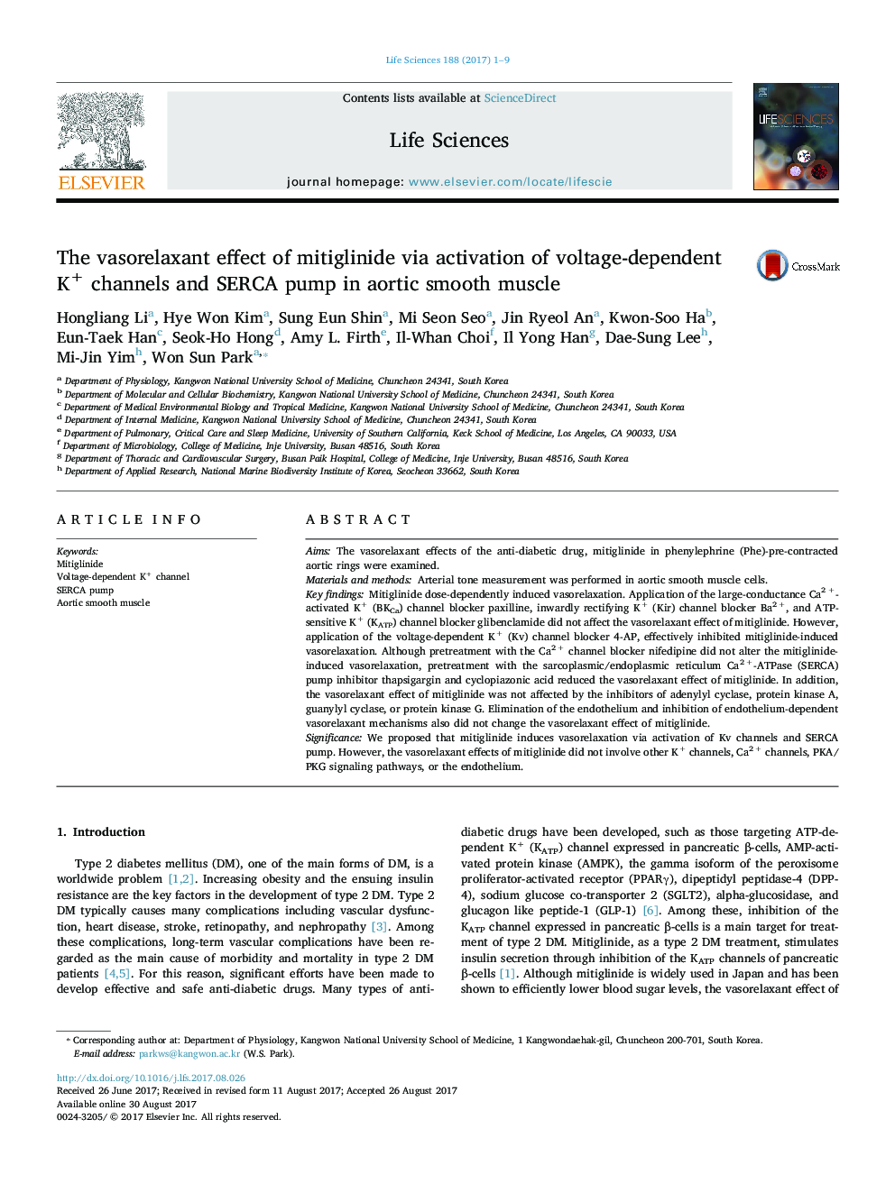 The vasorelaxant effect of mitiglinide via activation of voltage-dependent K+ channels and SERCA pump in aortic smooth muscle