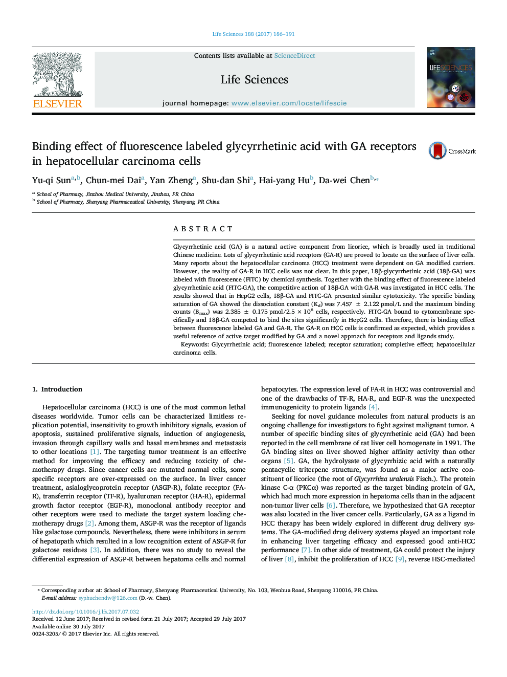 Binding effect of fluorescence labeled glycyrrhetinic acid with GA receptors in hepatocellular carcinoma cells